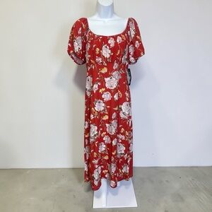Women's Red Floral Linen Blend Puff Sleeve Easter Midi Dress sz L NWT